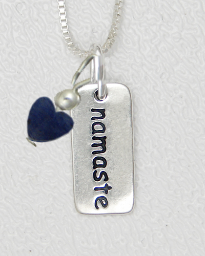 Sterling Silver Petite Namaste Tag Pendant With Lapis Heart